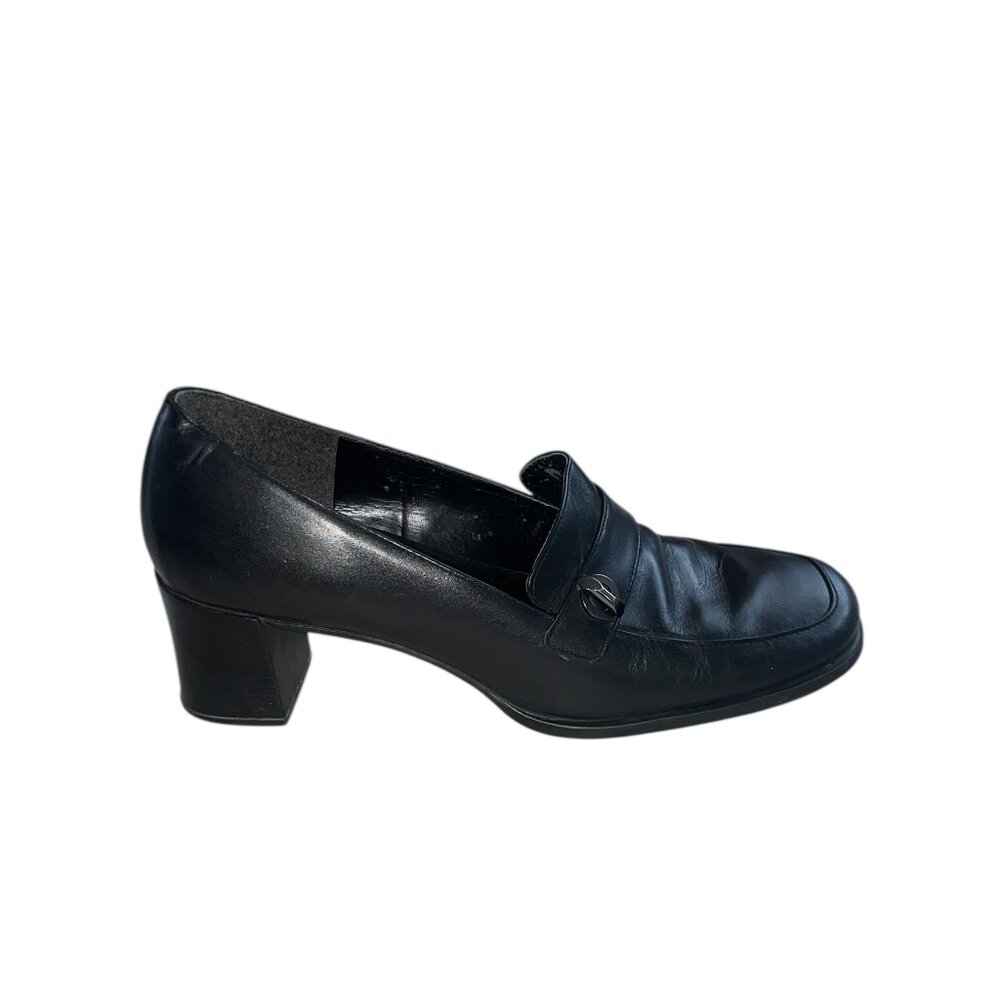 Vintage 90s‎ Bandolino Black Leather Block Heel Wide Square Toe Loafers 8.5 - Picture 10 of 11